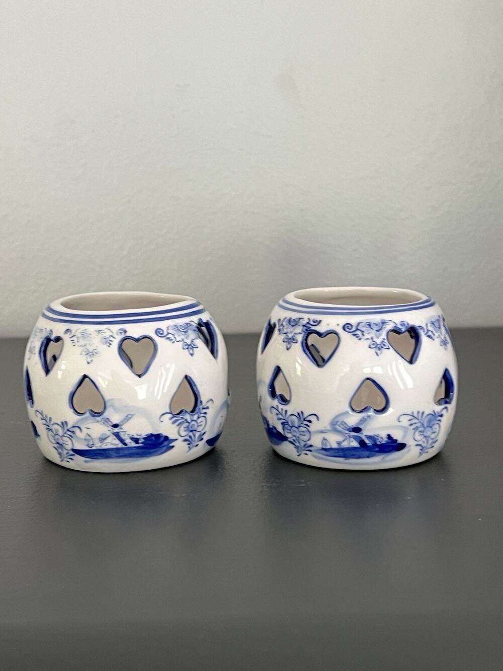 2 Delft Blue Tea Light Holder Candle Ceramic Vintage Hearts Hand painted Holland